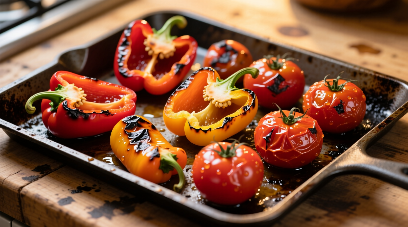 Roasted peppers and tomatoes on baking sheet