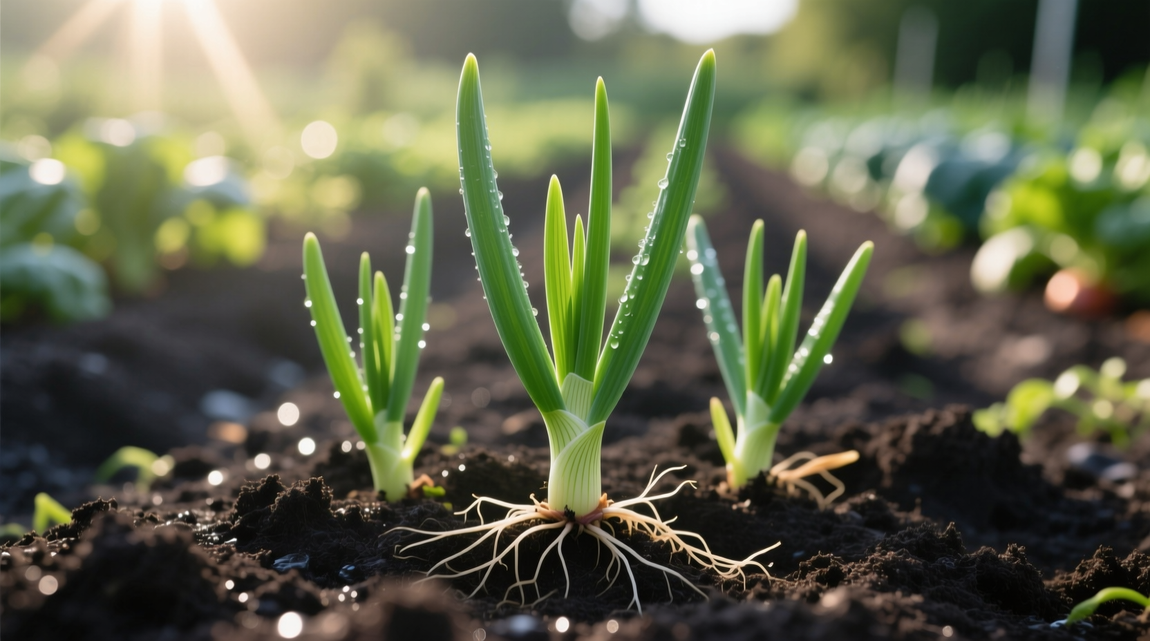 Healthy onion plants growing in garden soil with green shoots