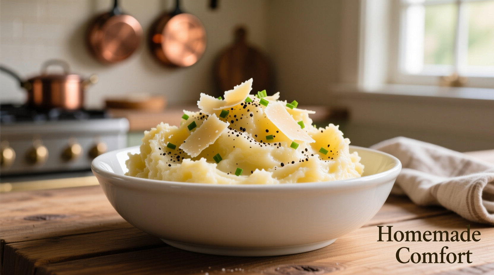 Creamy parmesan garlic mashed potatoes in white bowl