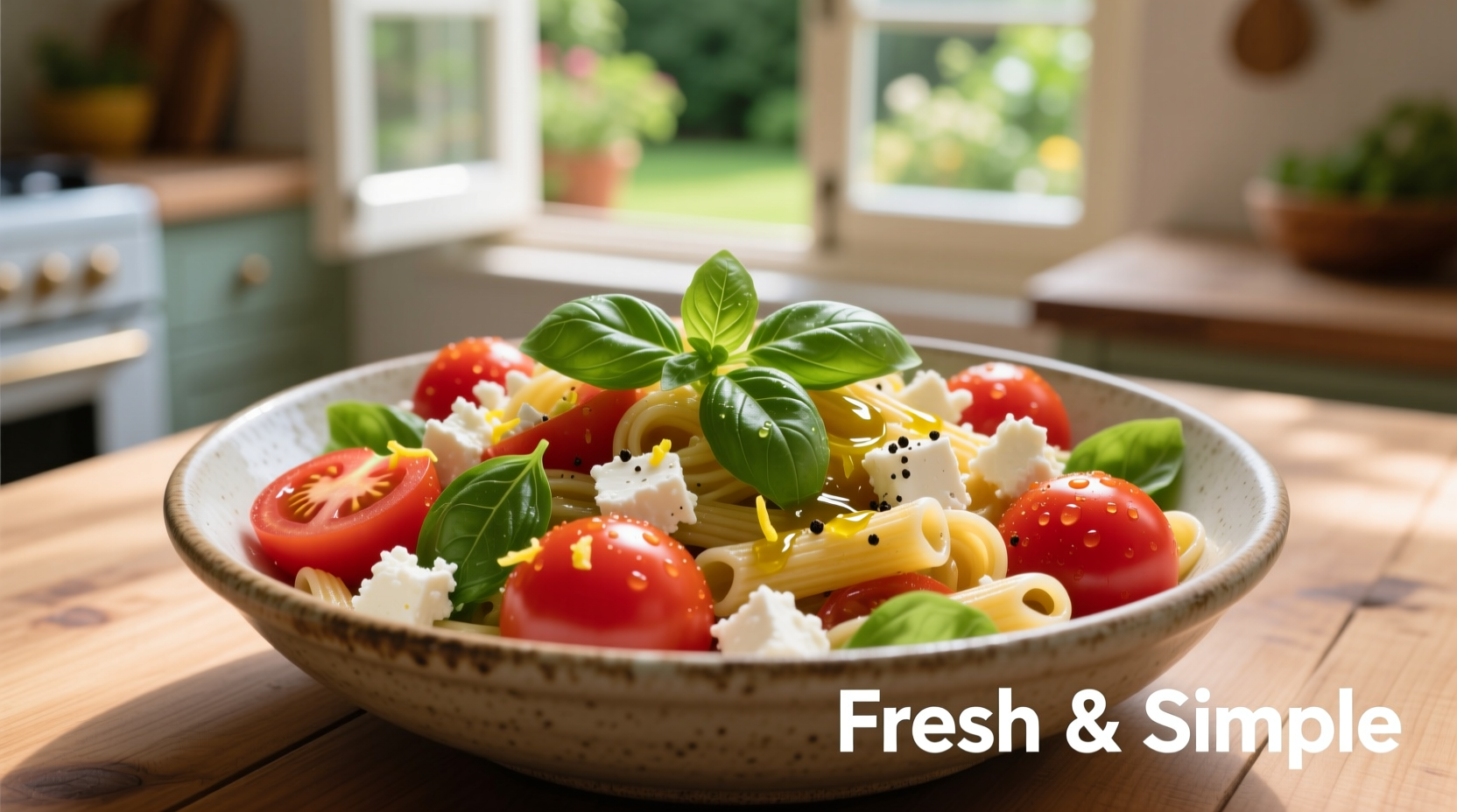 Fresh tomato pasta salad with basil and feta