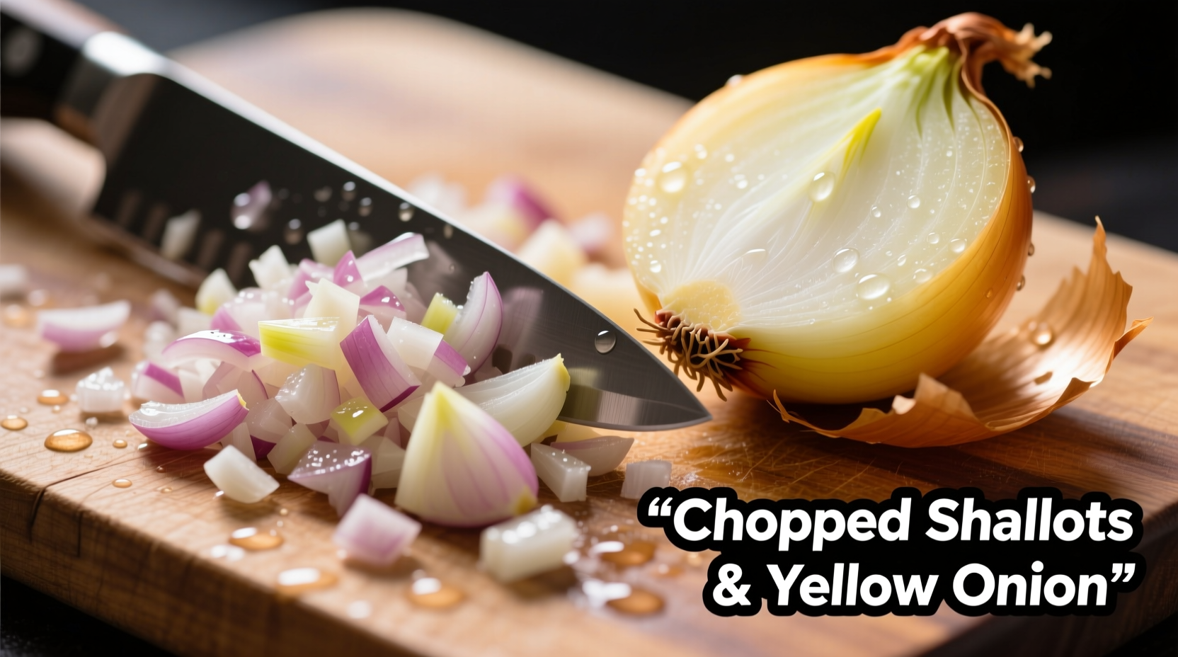 Chopped shallots next to yellow onion