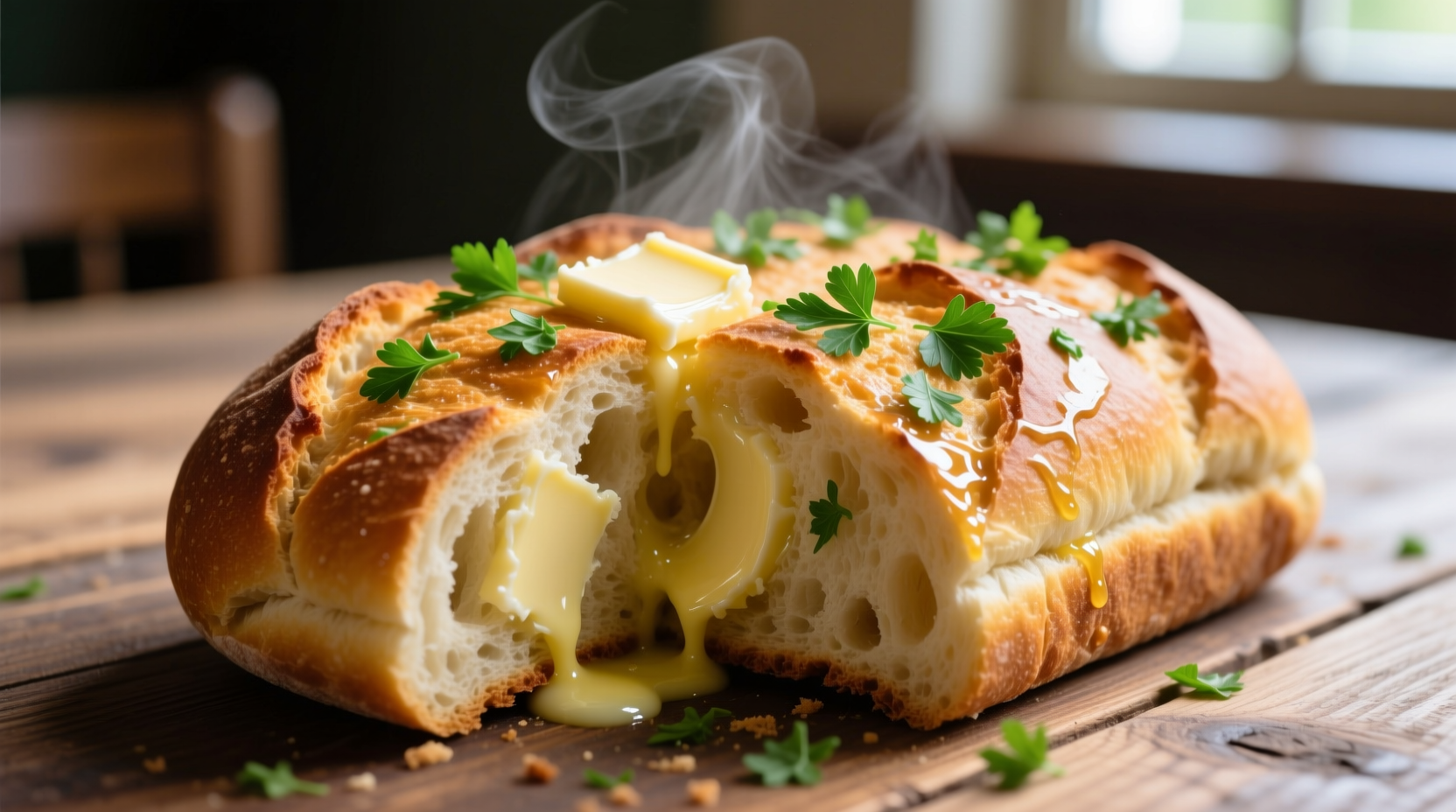 Perfect golden brown garlic bread with melted butter and fresh parsley