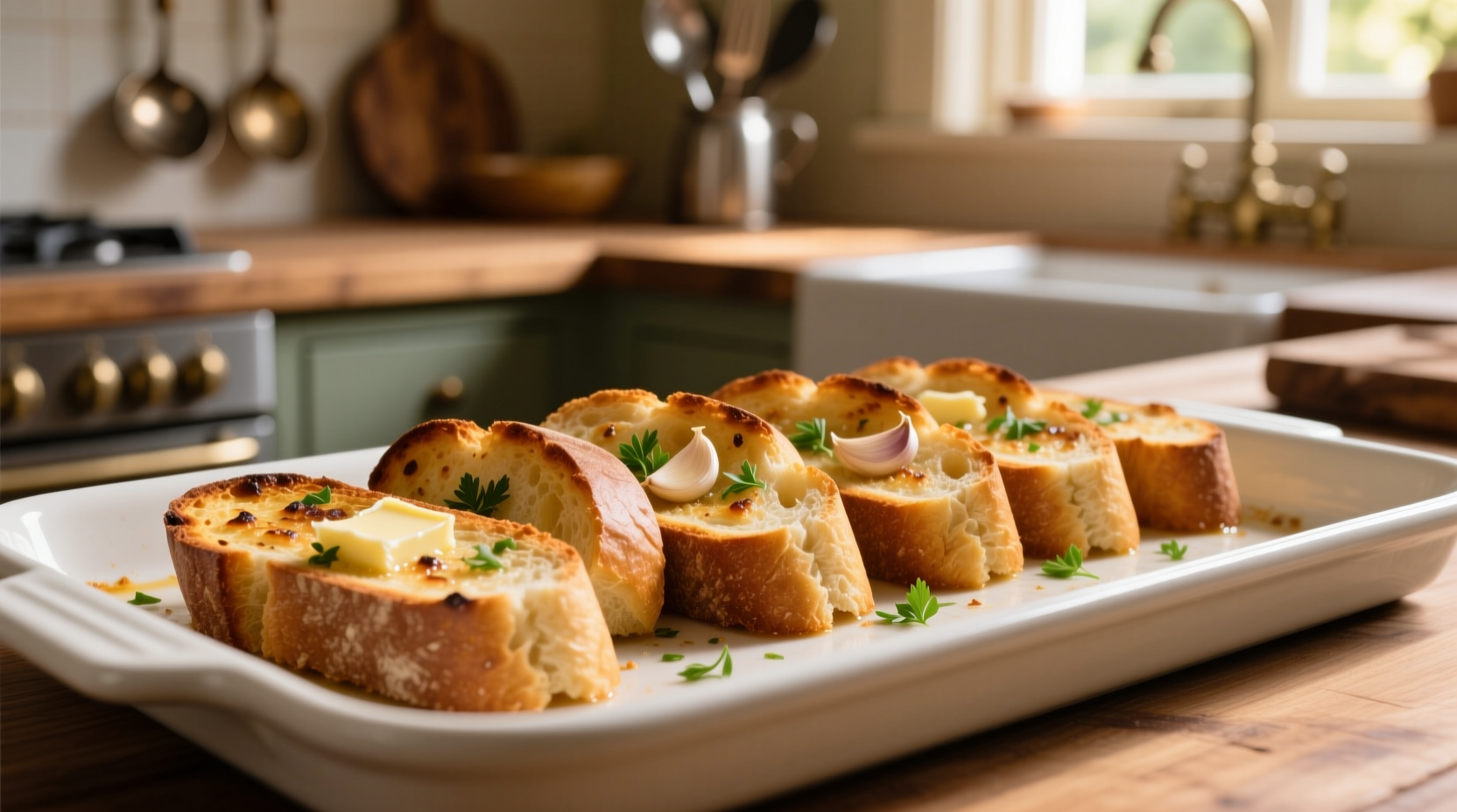 Golden brown garlic bread slices on baking sheet