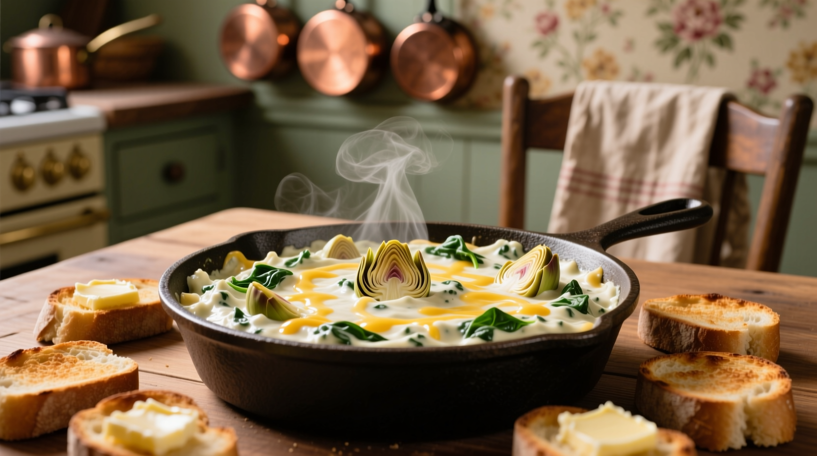 Creamy spinach artichoke dip bubbling in cast iron