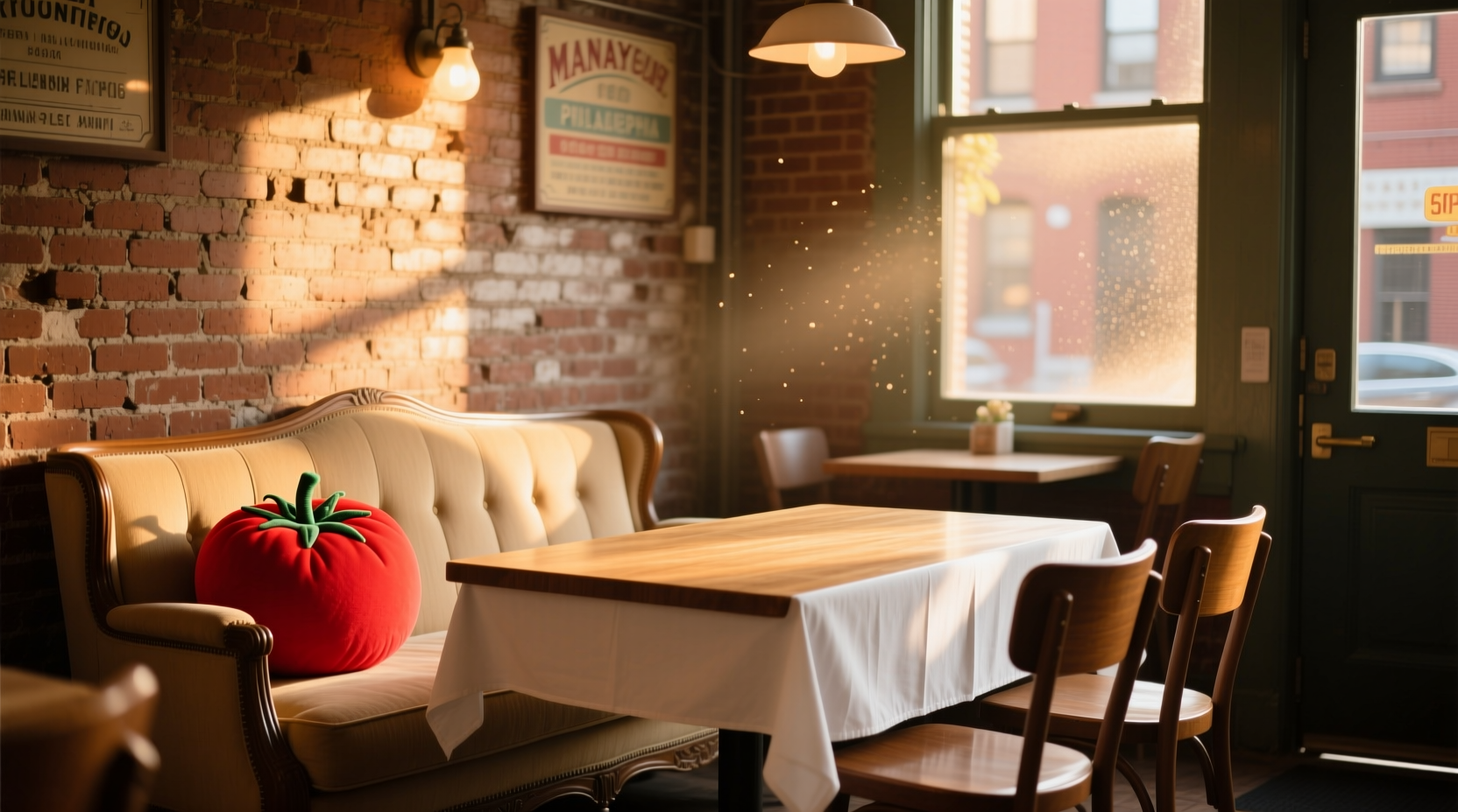 Couch Tomato Manayunk dining area with exposed brick
