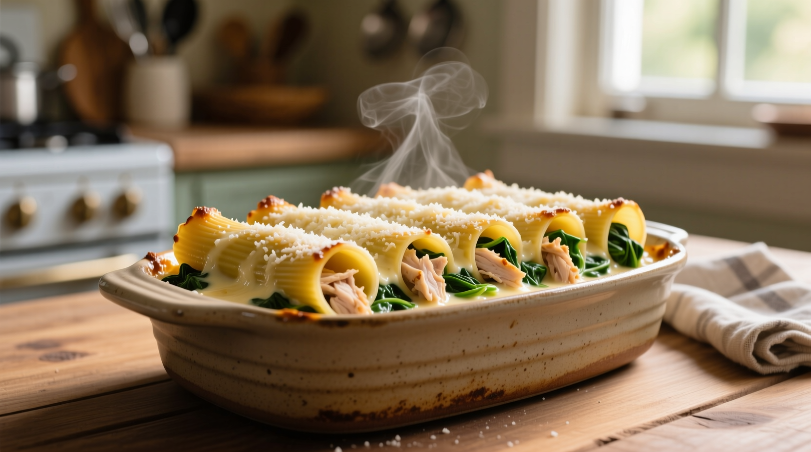 Chicken spinach manicotti baked in ceramic dish
