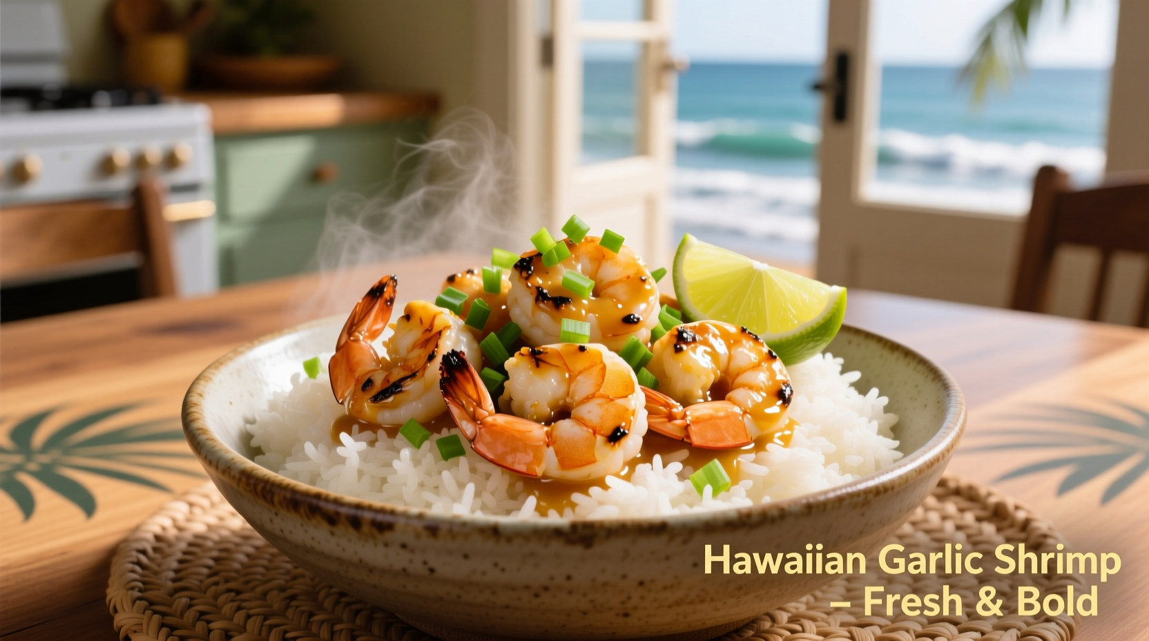 Hawaiian garlic shrimp served over rice with garnish