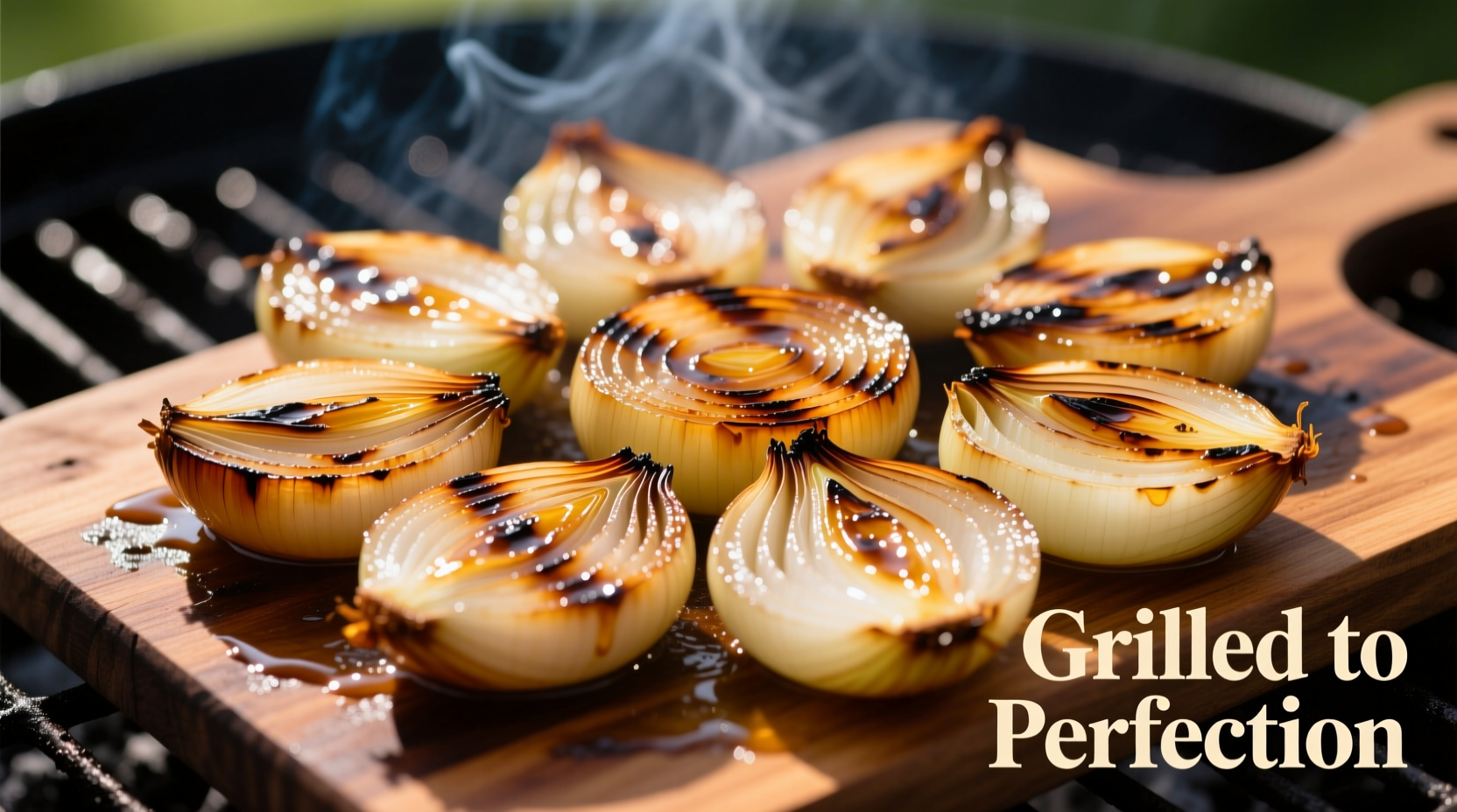 Perfectly caramelized grilled onion slices on barbecue