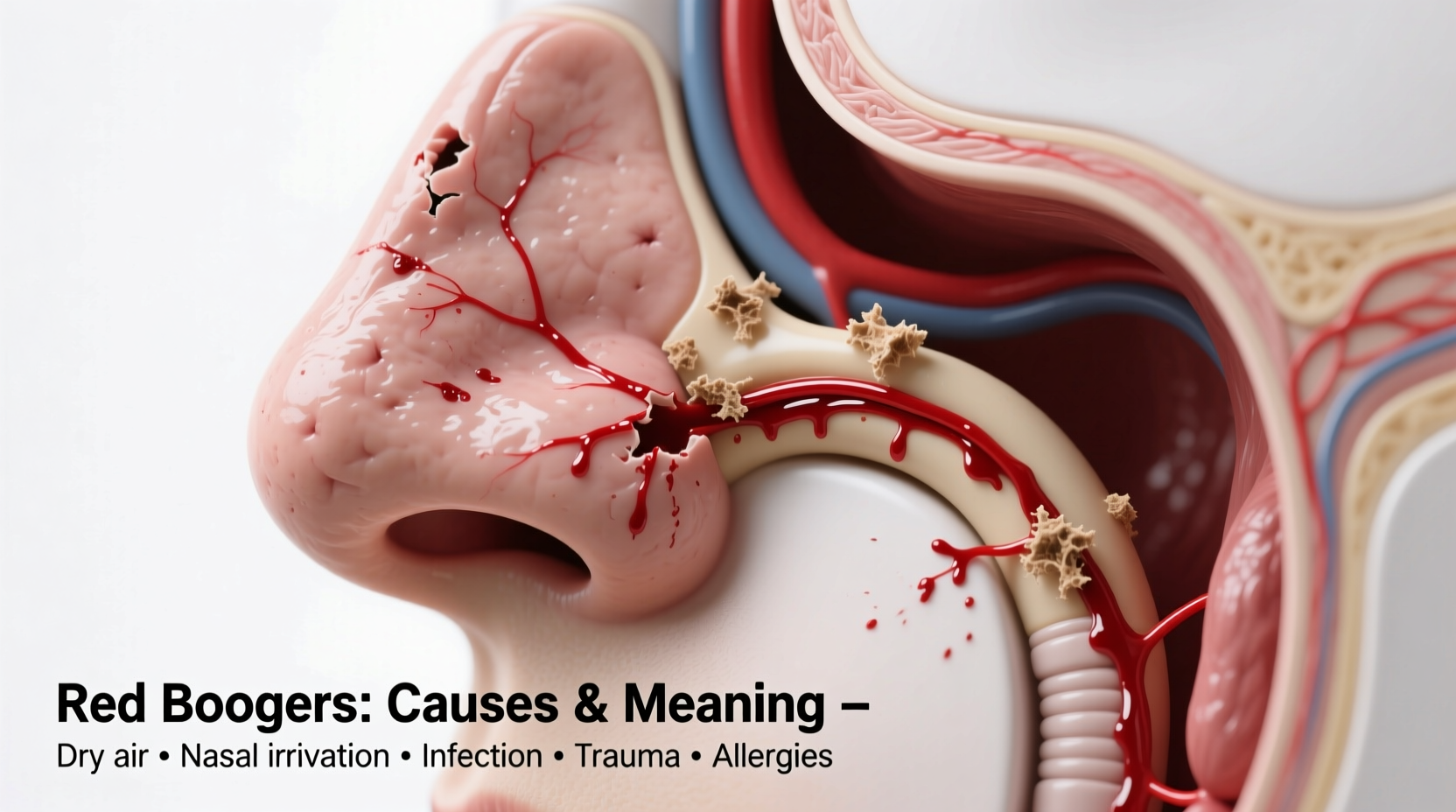 why are my boogers red causes and what the color means