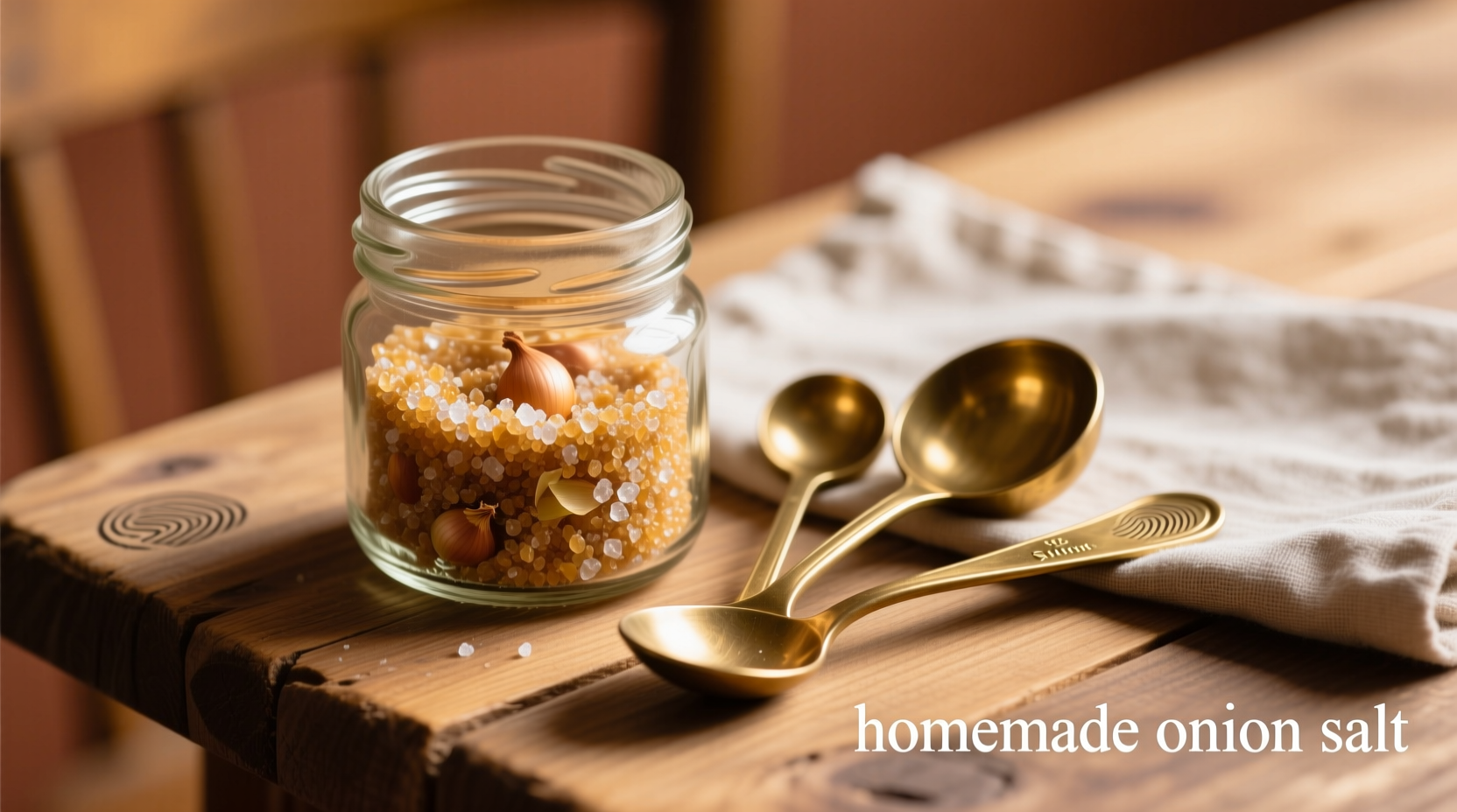 Homemade onion salt in mason jar with measuring spoons