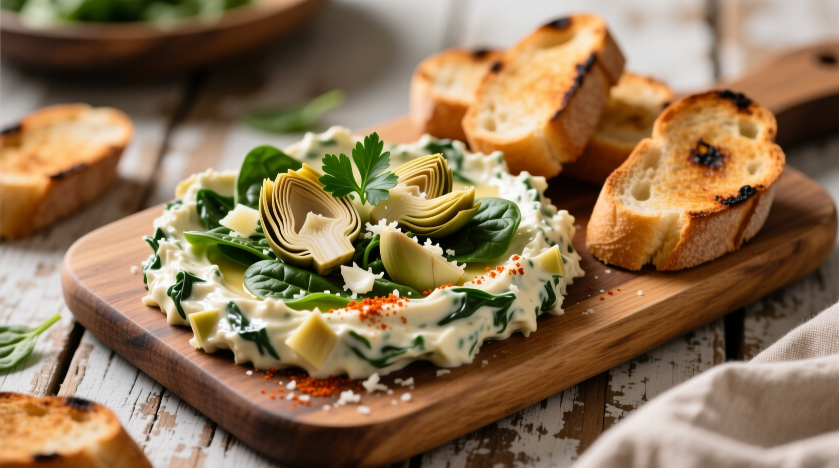 Creamy artichoke and spinach dip served with toasted bread