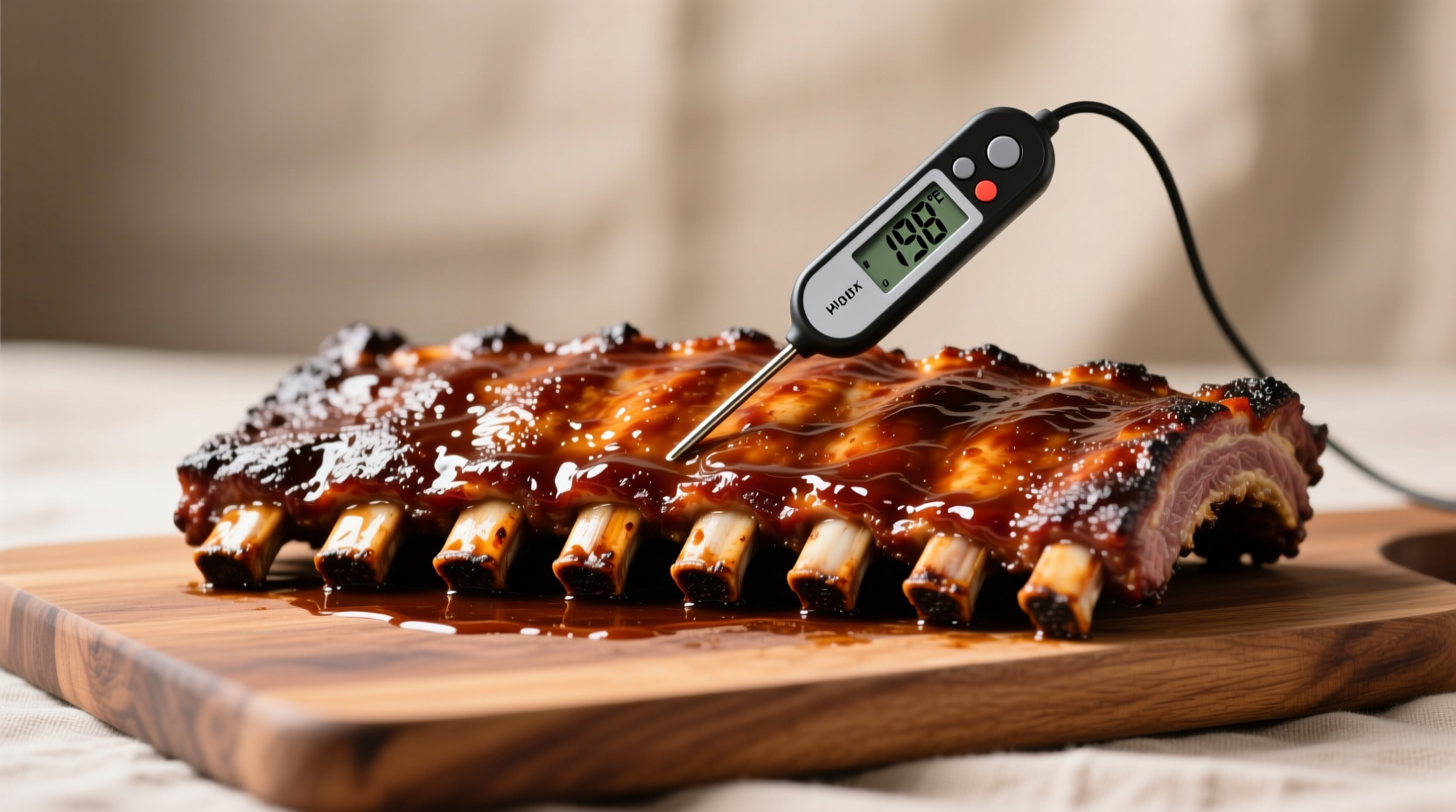 Thermometer probe showing 198°F internal temperature in rib meat