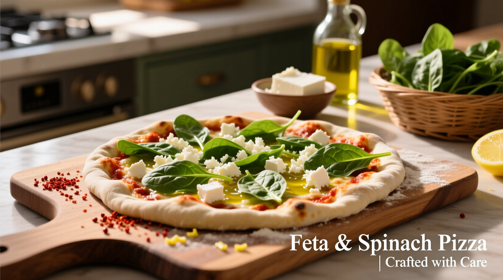 Custom feta and spinach pizza creation process