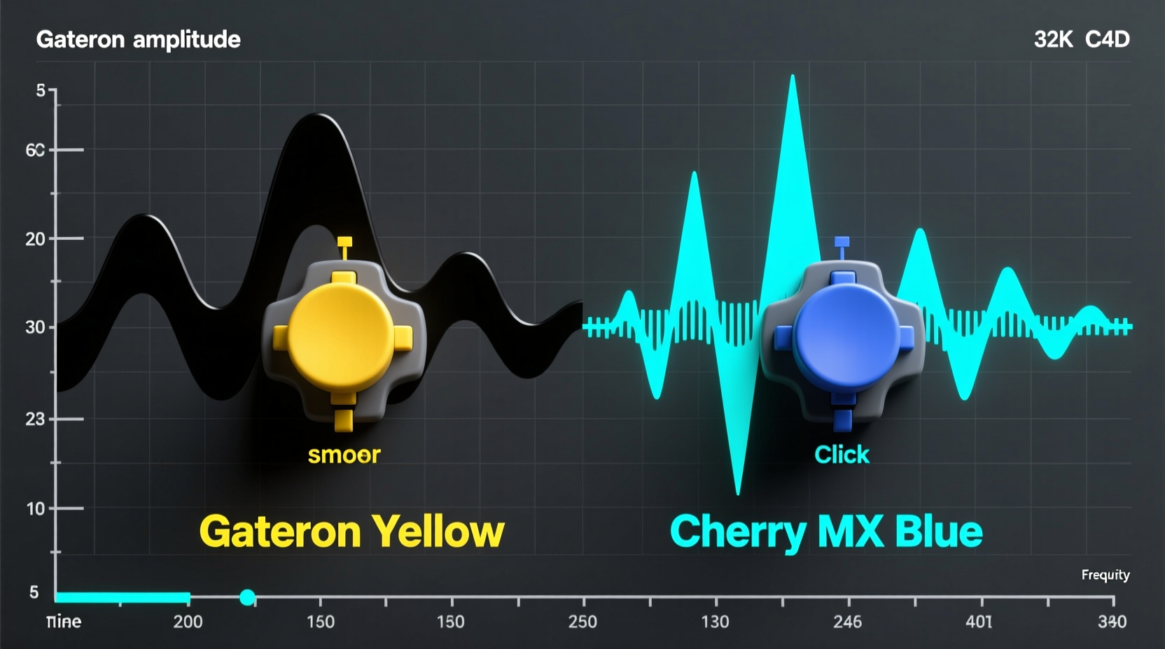 Side-by-side audio waveform visualization: Gateron Yellow showing smooth, low-amplitude curves versus Cherry MX Blue displaying sharp, high-frequency click spikes