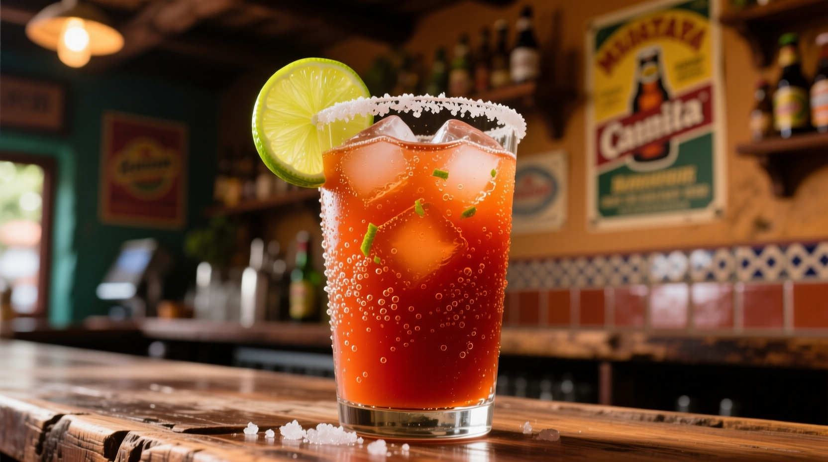 Traditional Michelada in salt-rimmed glass with lime
