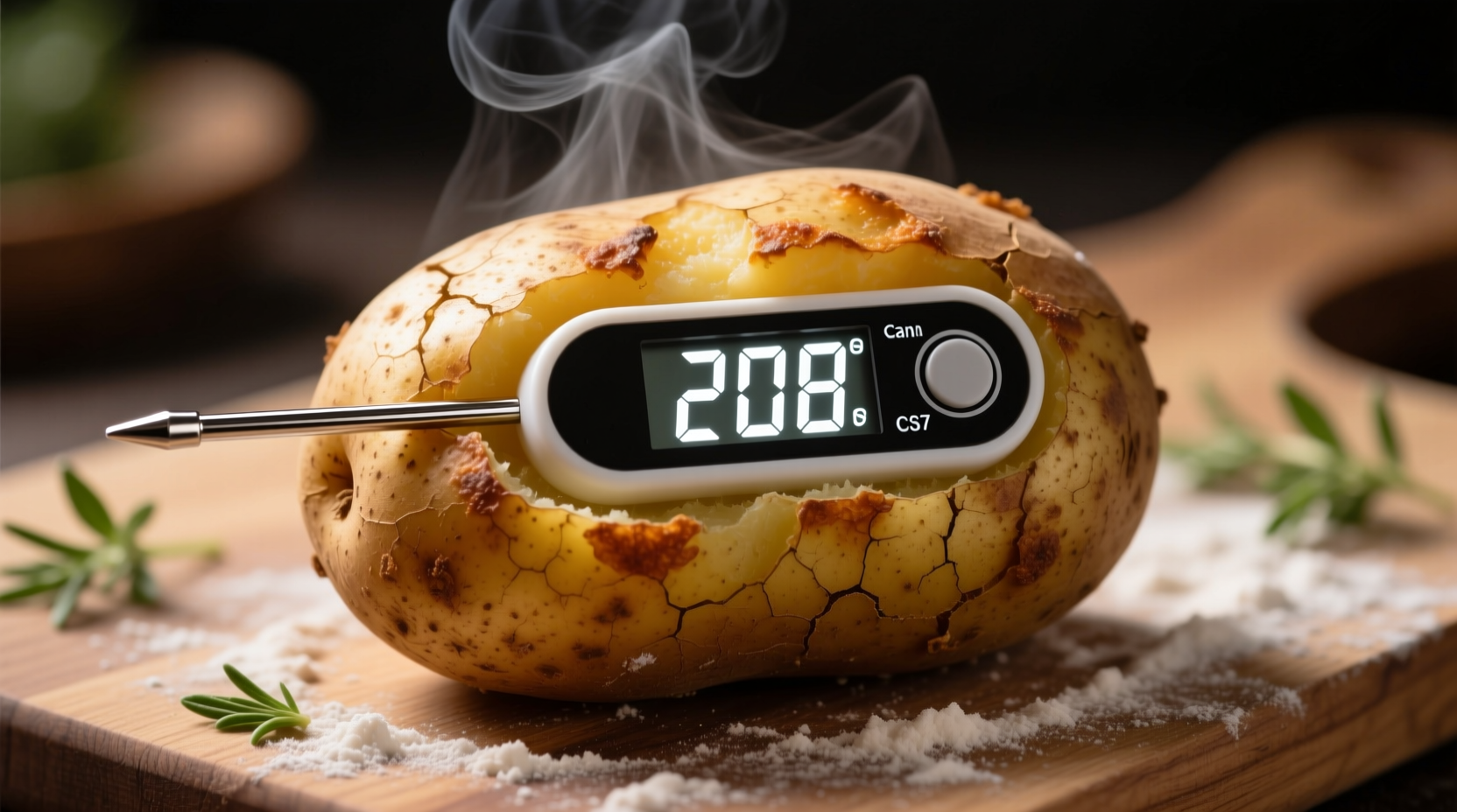 Digital thermometer showing 208 degrees in baked potato