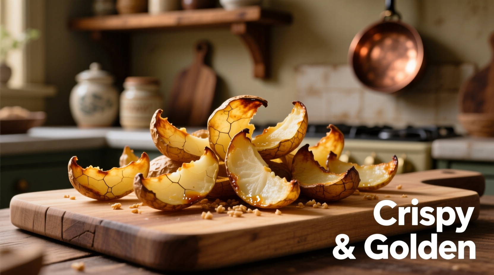 Crispy roasted potato peels on wooden cutting board