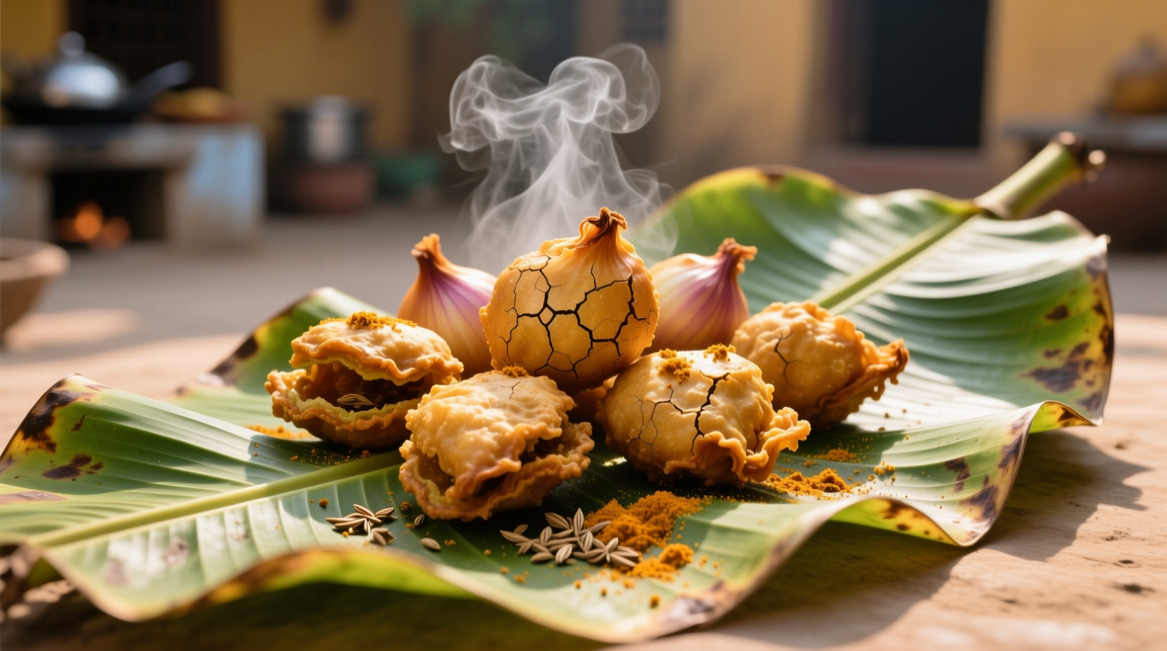 Golden crispy onion bhajis served on banana leaf