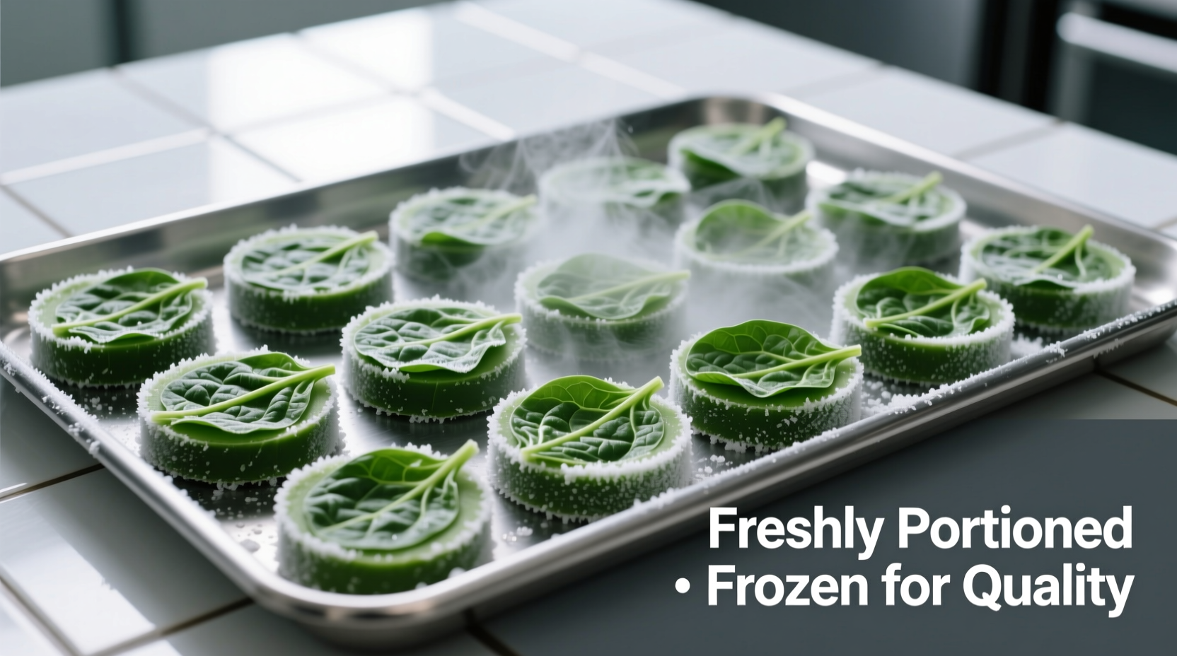 Portioned spinach discs ready for freezing