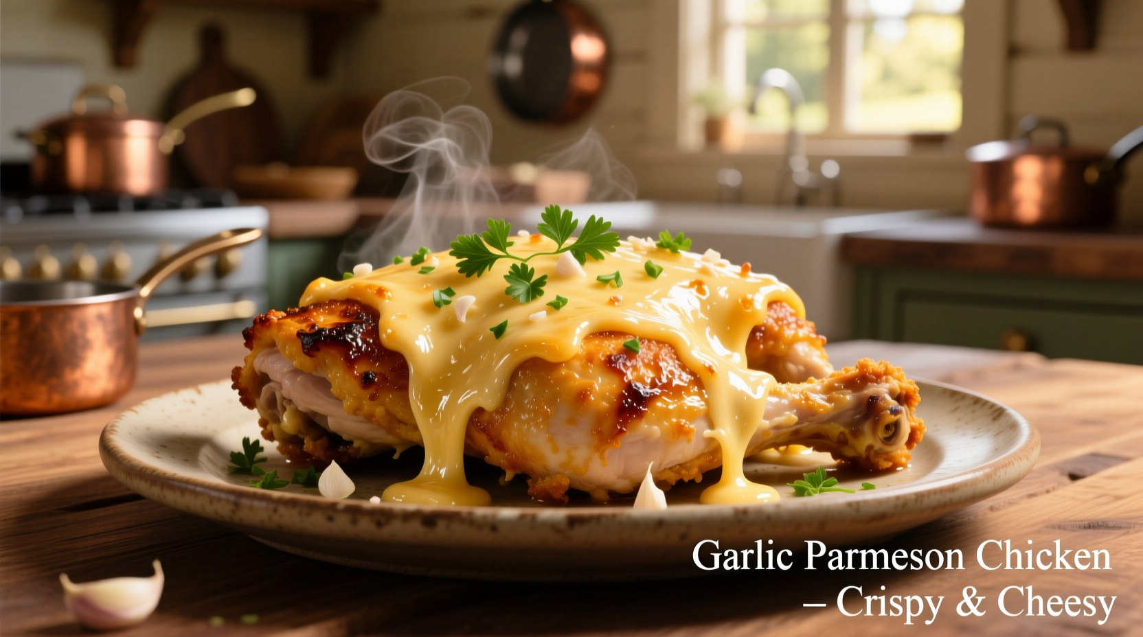 Golden garlic parmesan chicken with melted cheese topping