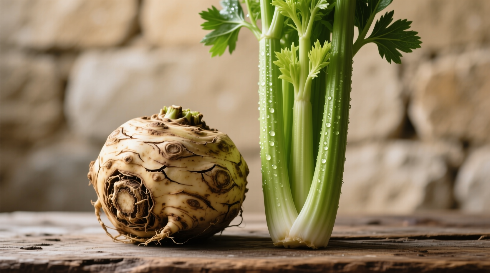 Celeriac root and celery stalks side by side