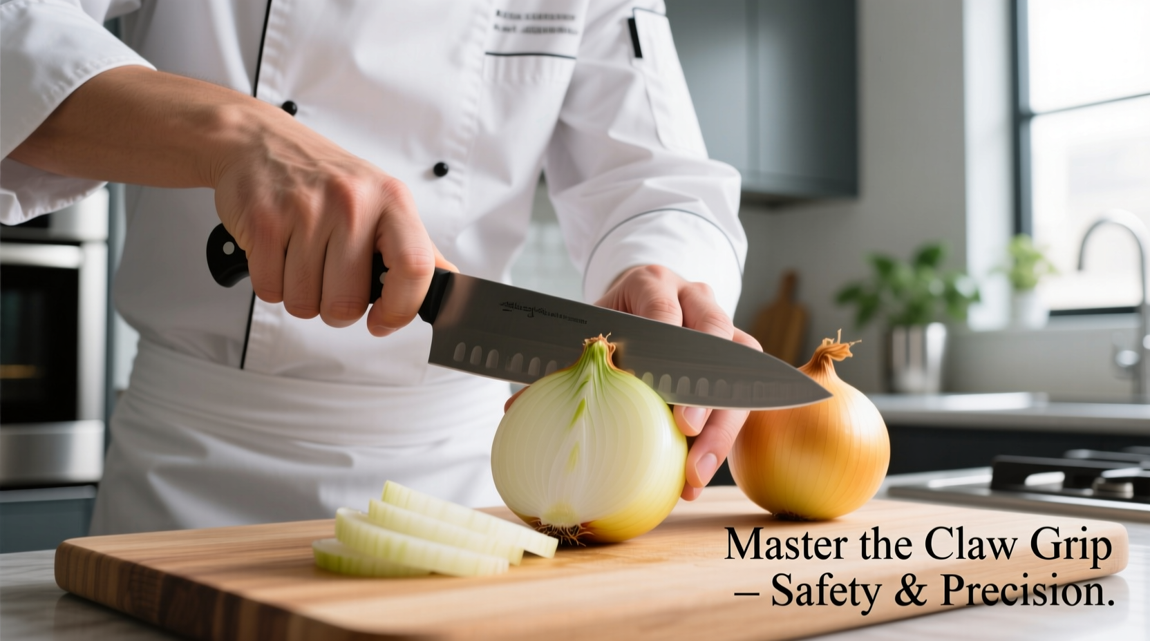 Chef demonstrating proper onion slicing grip technique