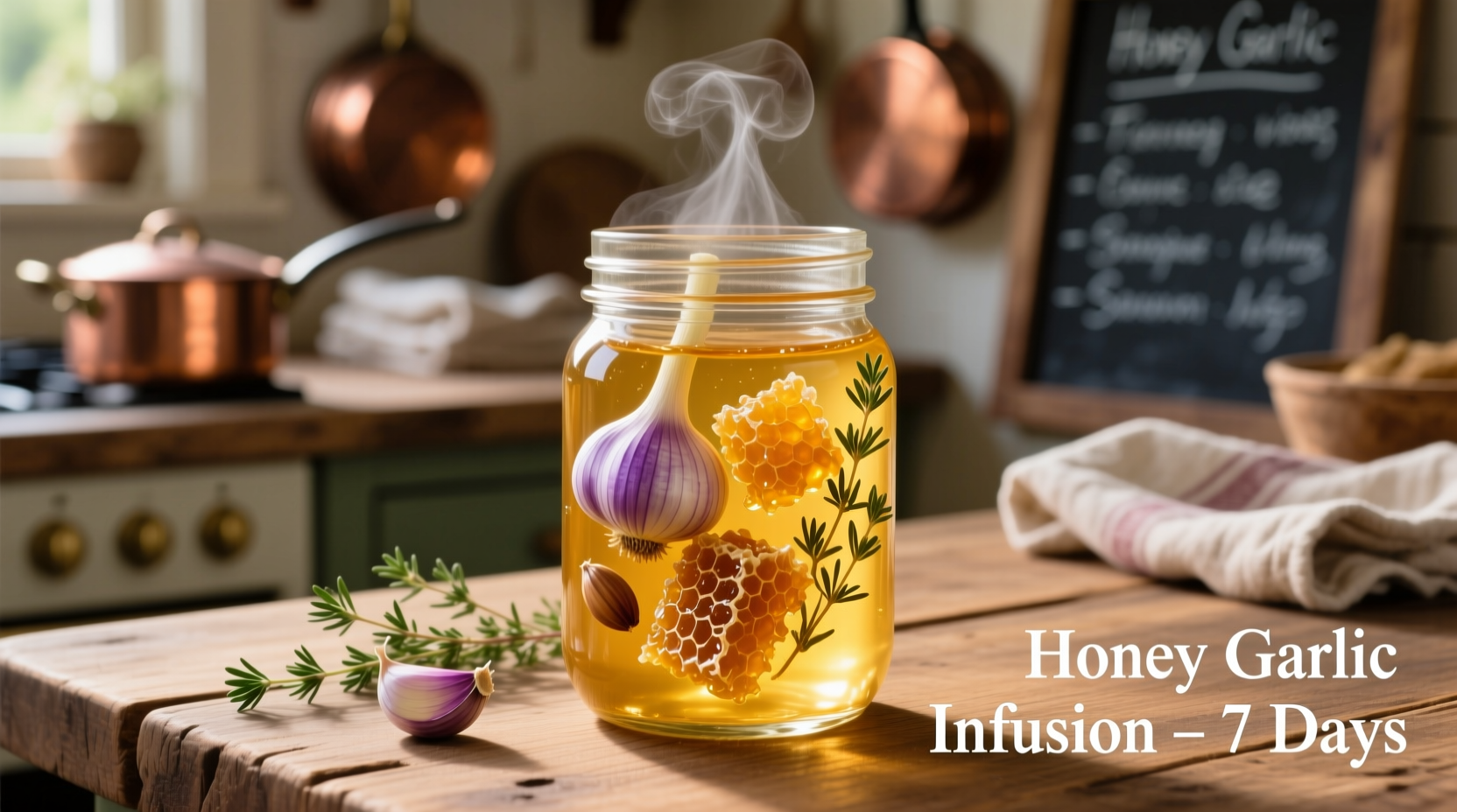 Honey garlic infusion in glass jar with fresh ingredients