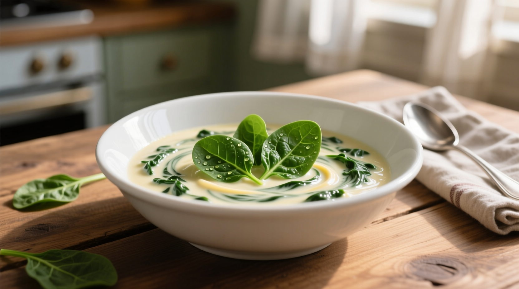 Creamed spinach in white ceramic bowl with fresh spinach garnish