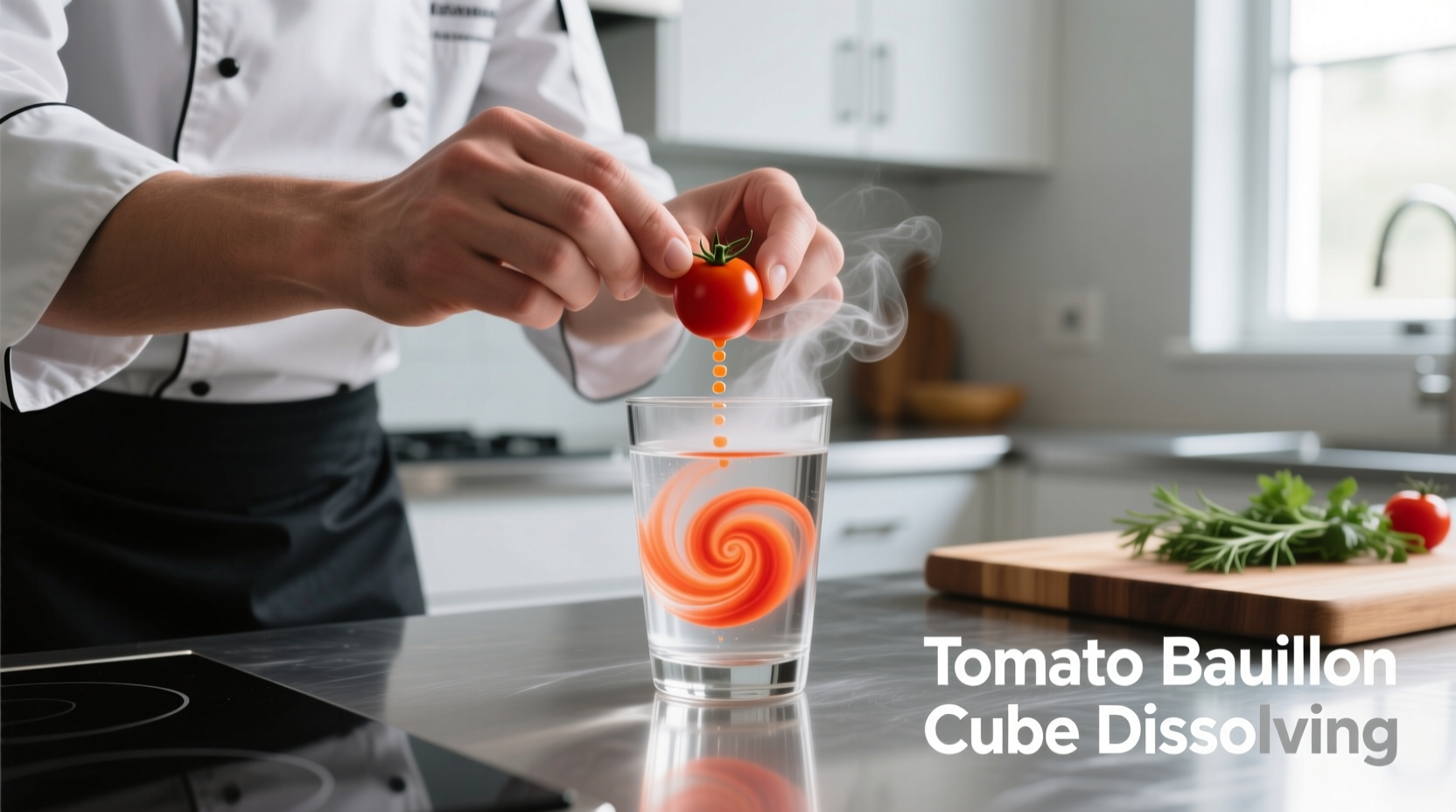 Chef dissolving tomato bouillon cube in water
