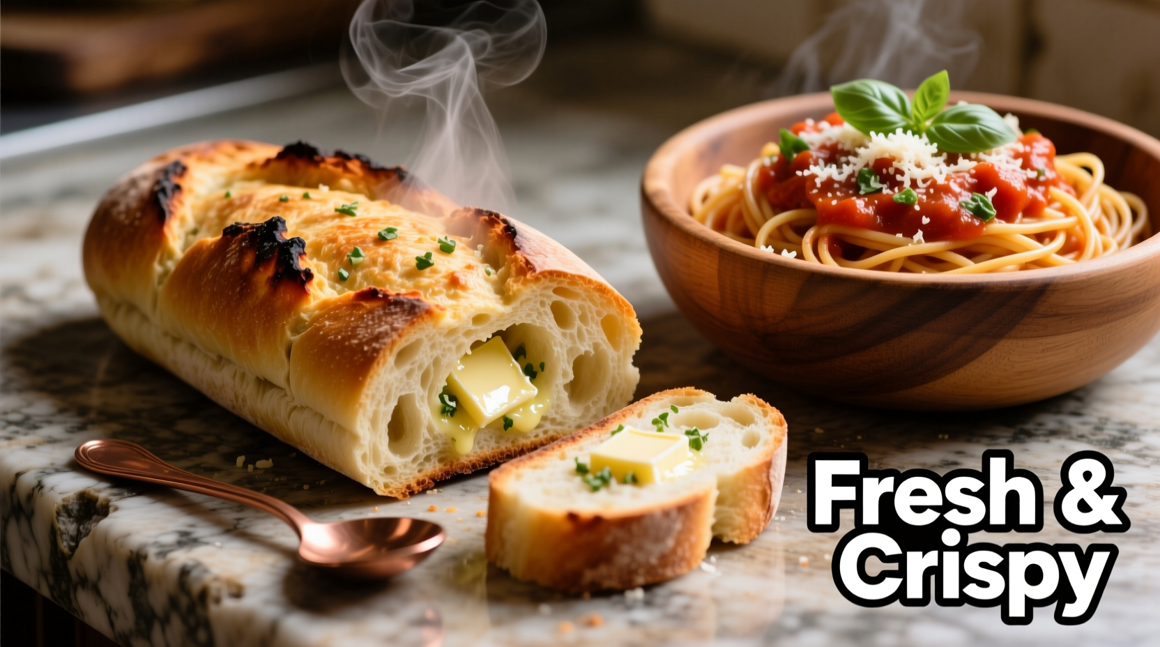 Freshly baked garlic bread served alongside pasta