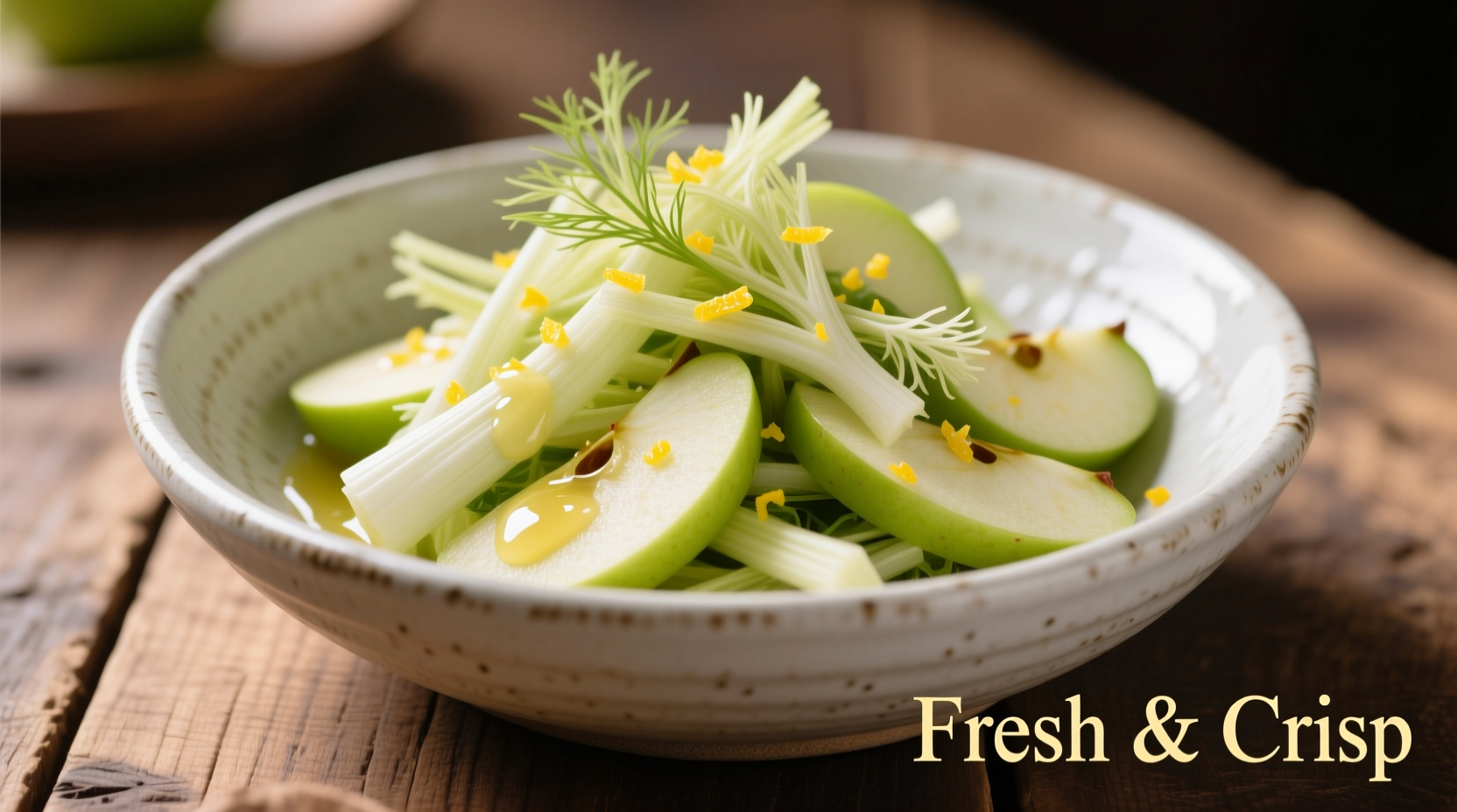 Crisp apple fennel salad in ceramic bowl