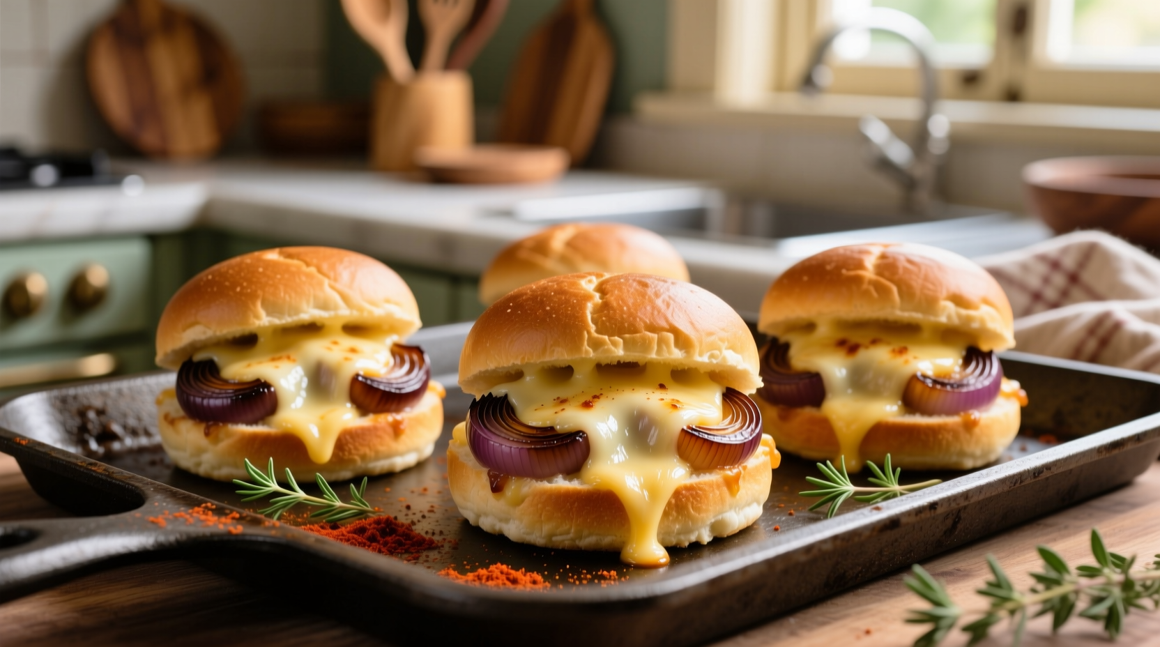 Golden French onion sliders with melted cheese on baking sheet