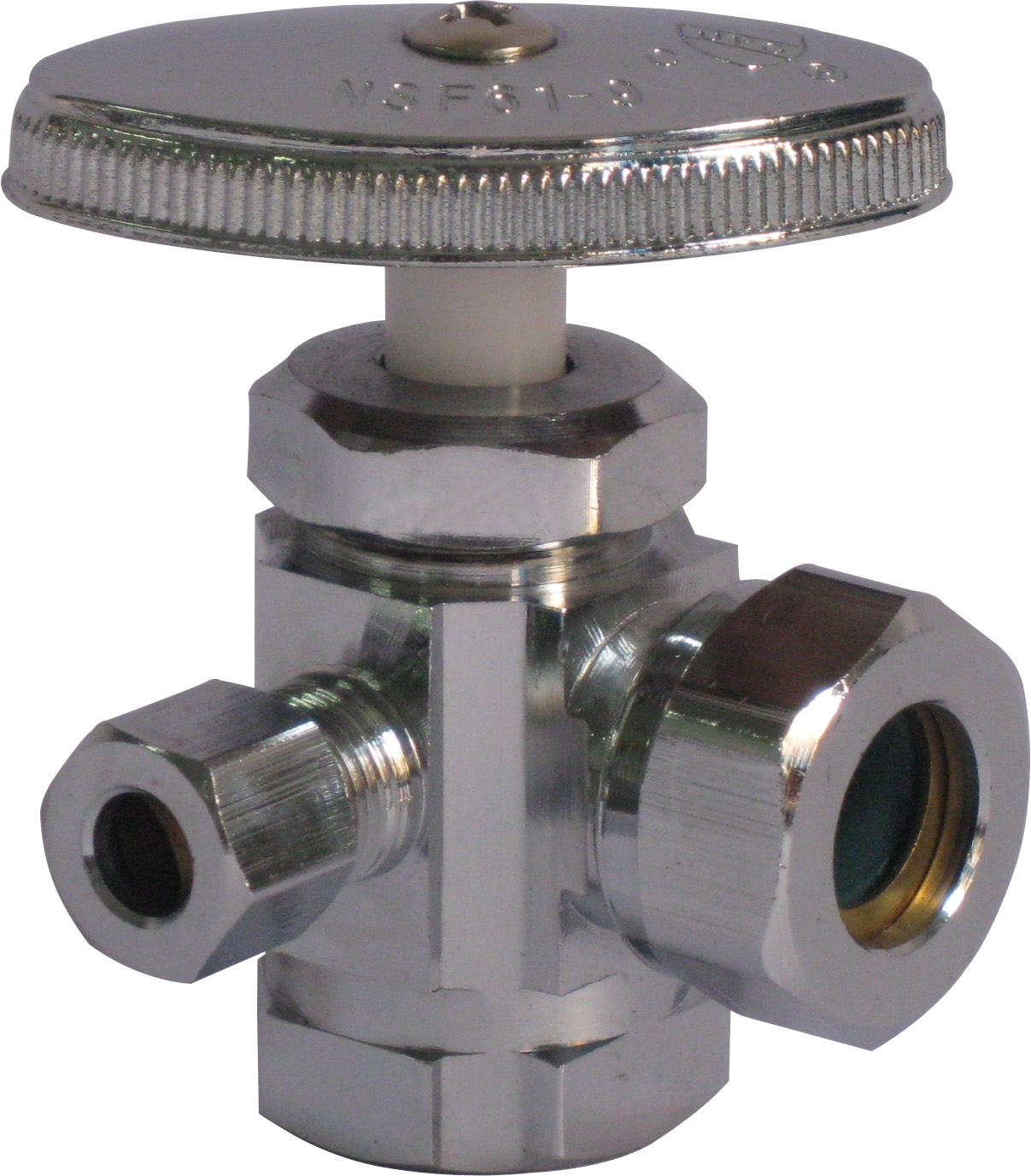 The brass 3-way angular swivel connection valve seat comes with an E2-connector type adapter