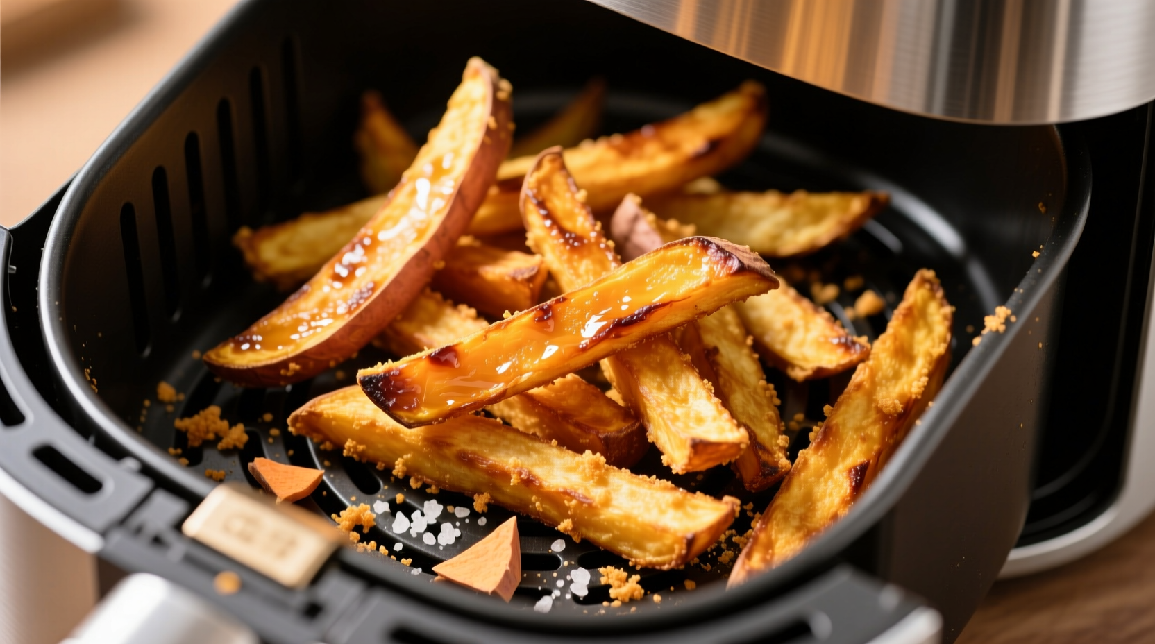 Crispy golden sweet potato fries in air fryer basket