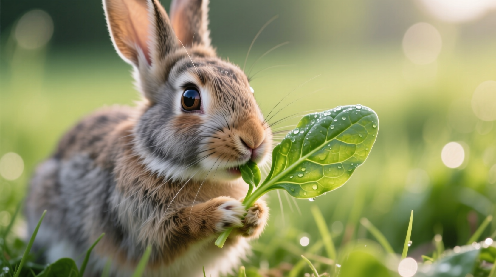 Rabbit carefully eating small spinach leaf