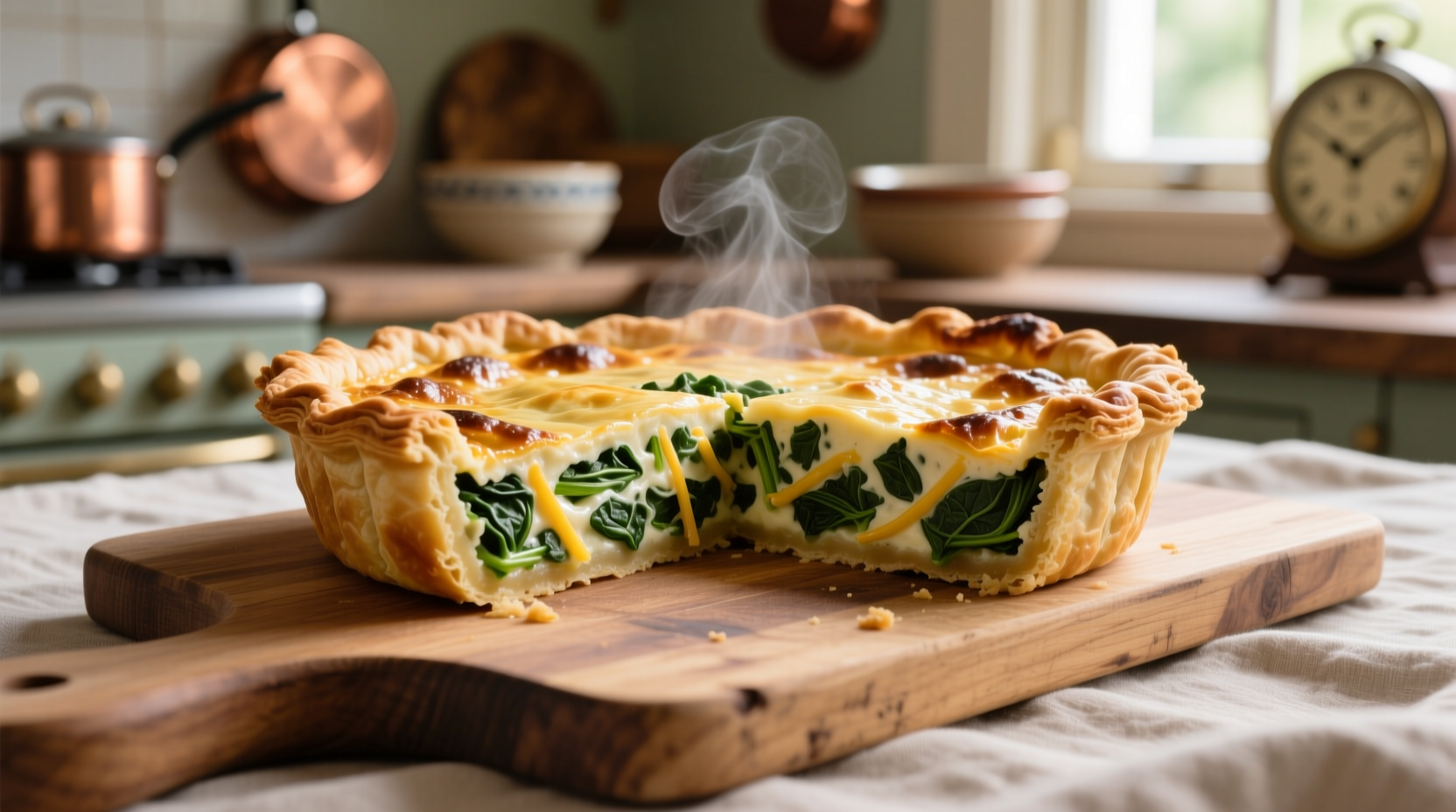 Golden brown spinach quiche with flaky crust