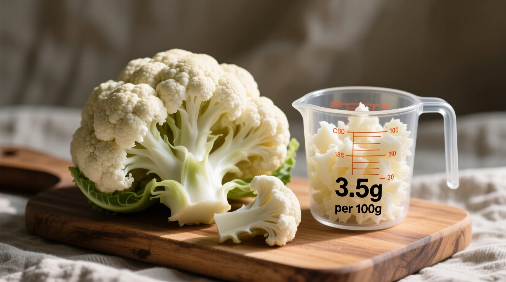 Cauliflower florets with measuring cup showing protein content