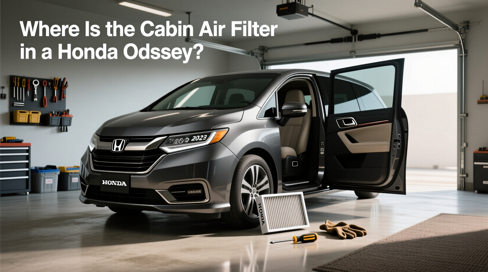 Honda Odyssey cabin air filter location diagram showing glove box and filter housing