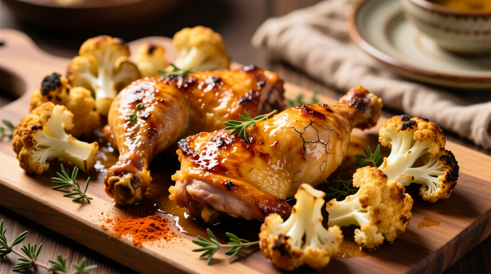 Golden roasted chicken thighs with crispy cauliflower florets