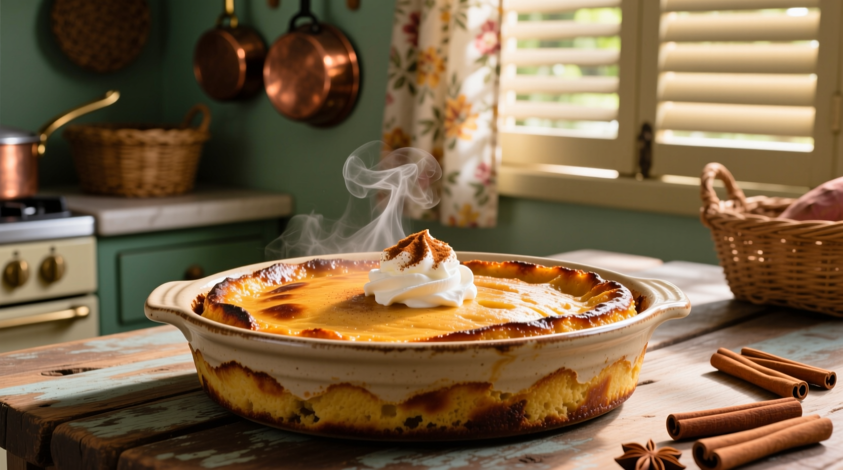 Traditional Jamaican sweet potato pudding in baking dish