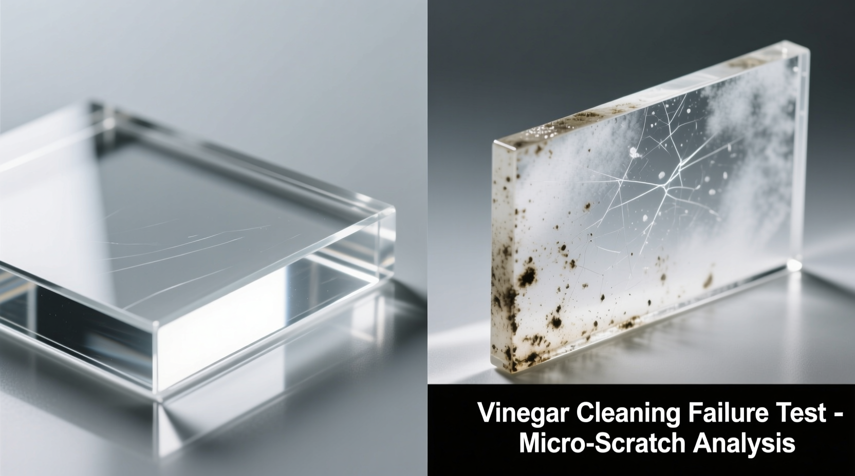 Side-by-side macro photos: left shows a sanitized acrylic panel with perfect clarity and zero streaks; right shows the same panel fogged and smudged after improper vinegar-based cleaning, with visible micro-scratches under angled light