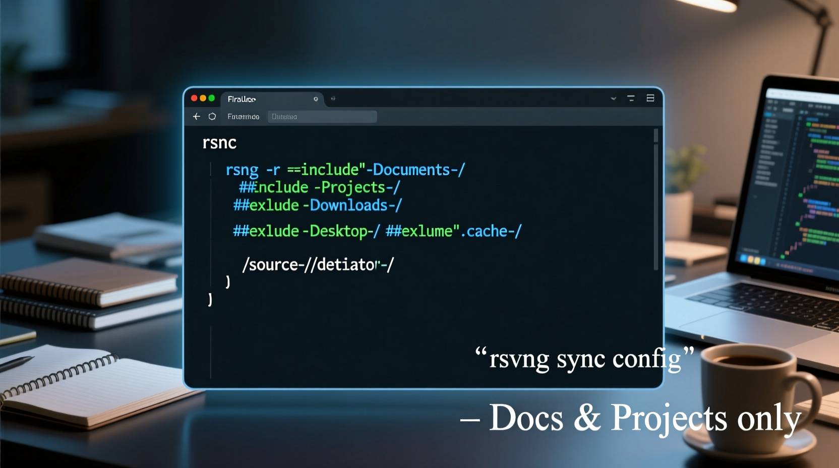 Terminal window showing rsync command with --include and --exclude flags applied to sync Documents and Projects folders only, while omitting Downloads, Desktop, and .cache directories