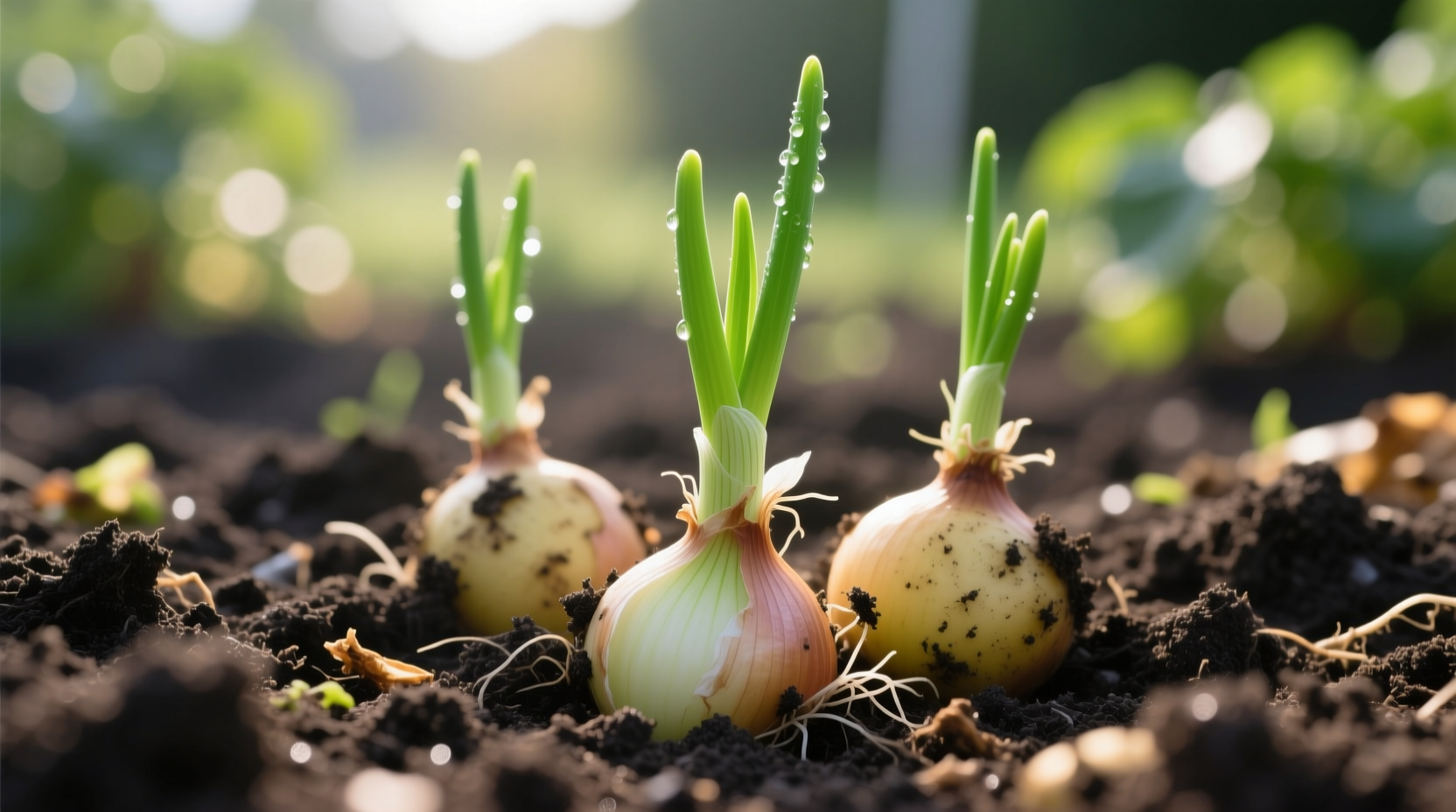 Potato onion bulbs with green shoots emerging from soil