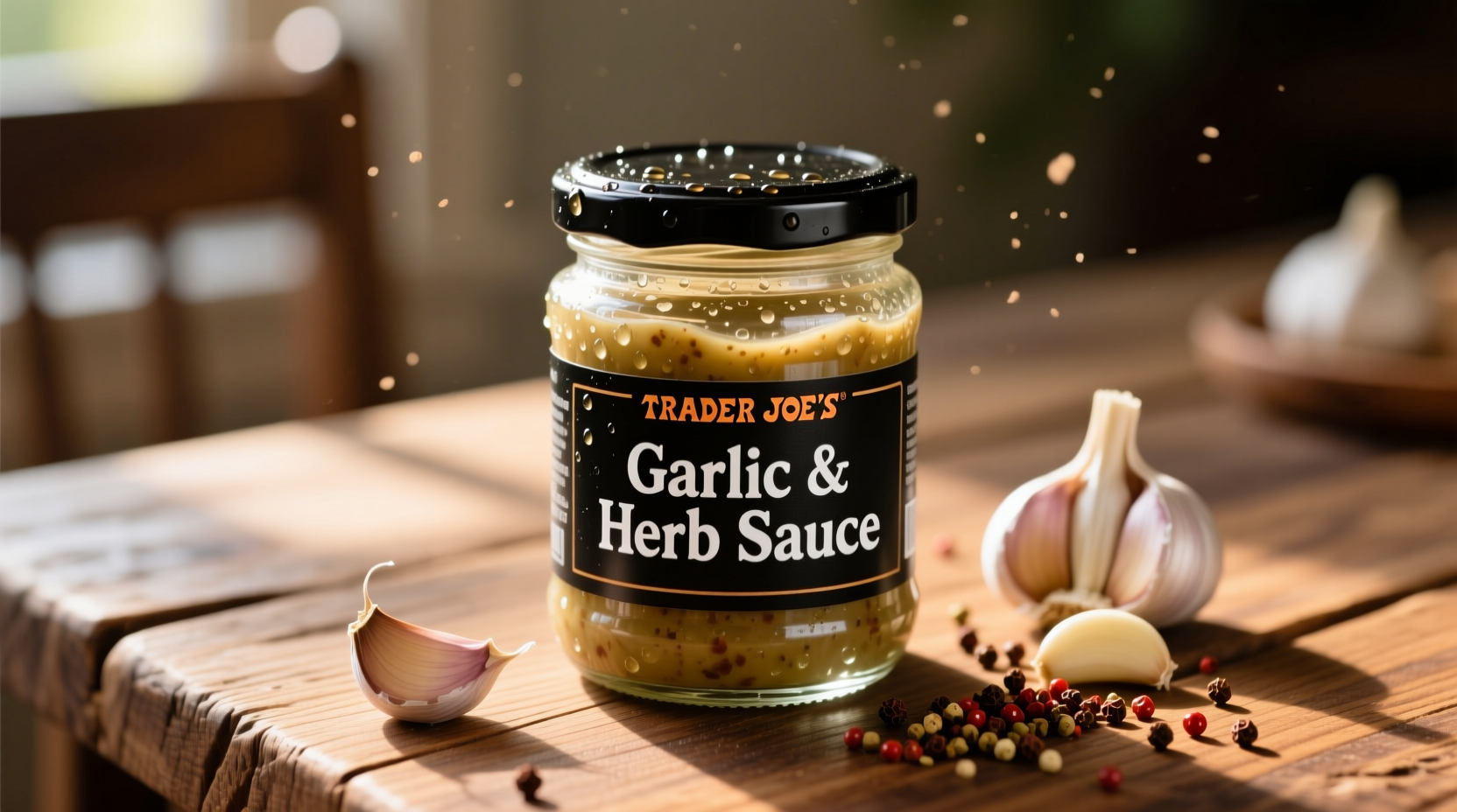 Trader Joe's garlic sauce jar on wooden table