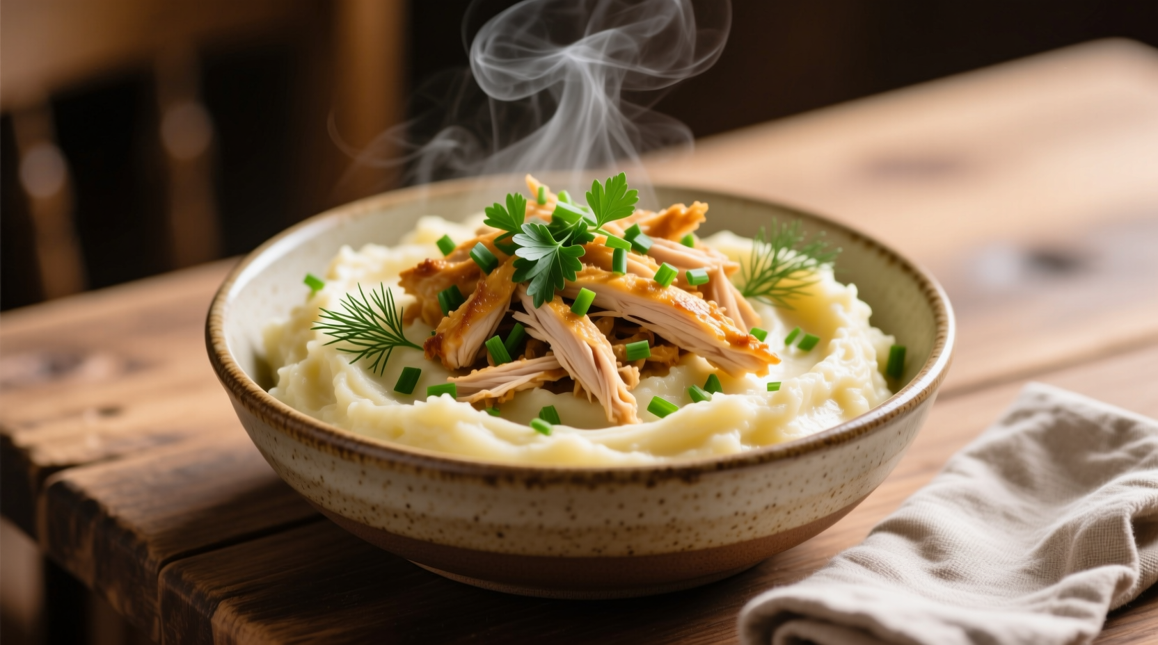Chicken mashed potato bowl with fresh herbs