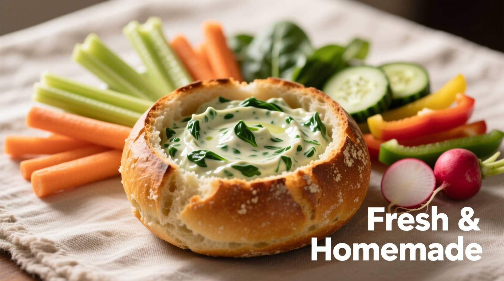 Creamy spinach dip in bread bowl with vegetable dippers