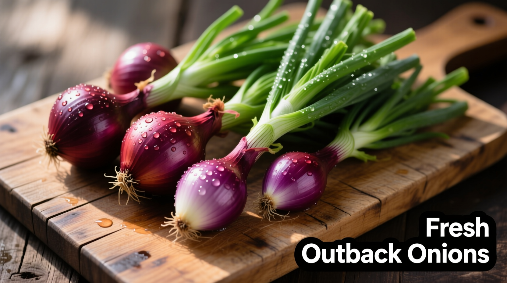 Fresh outback onions with green tops on wooden cutting board