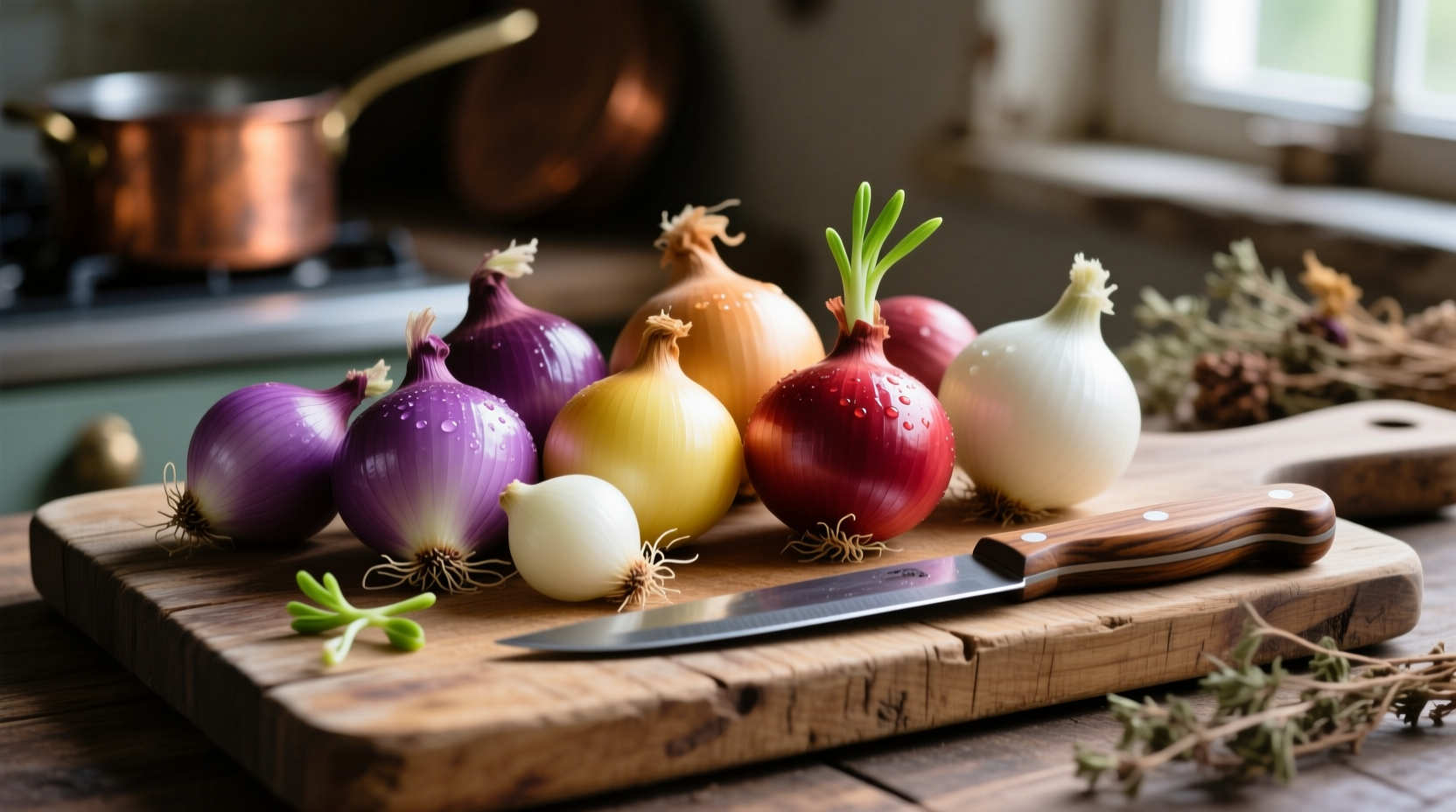 Assorted small onion varieties on wooden cutting board