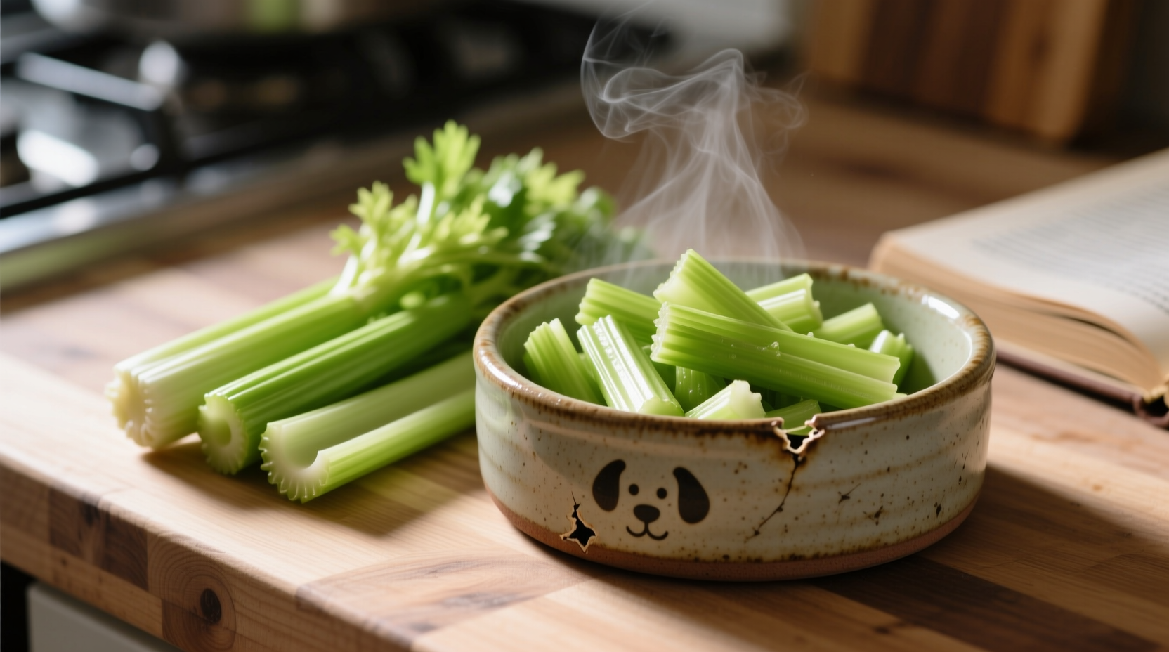 Cooked celery pieces next to dog bowl