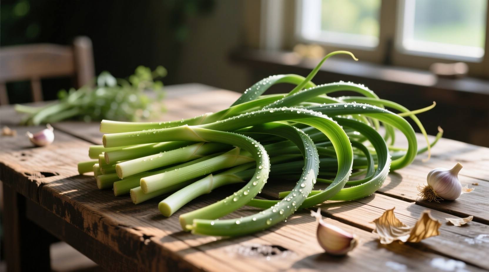 Freshly harvested garlic scapes laid out on wooden table